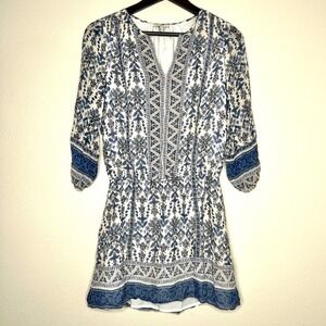 Joie Blue Ariella Floral Print Silk V Neck‎ Smocked Waist Mini Dress XXS